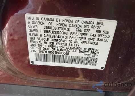 2007 Honda Pilot Ex-L from USA, damaged, VIN 2HKYF18567H533068